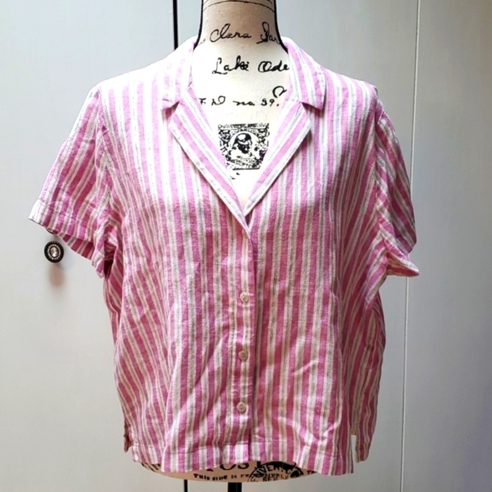 Womens New! Linen Cropped Pink white striped Top Sz.XL